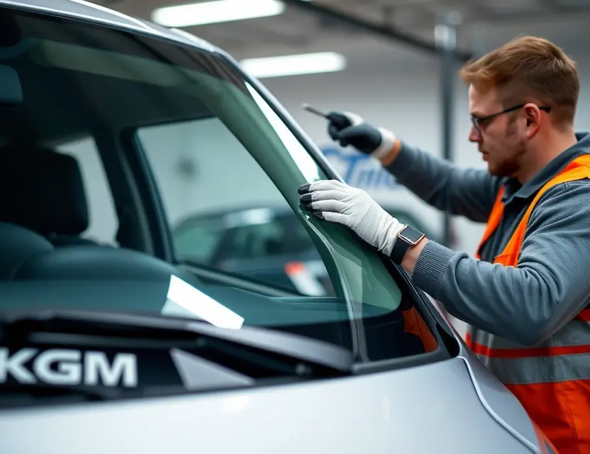 A close-up shot of a KGM car windshield being replaced by a technician. The technician is wearing a safety vest and gloves, and the windshield replacement tools are visible. The background is a clean, well-lit garage.
