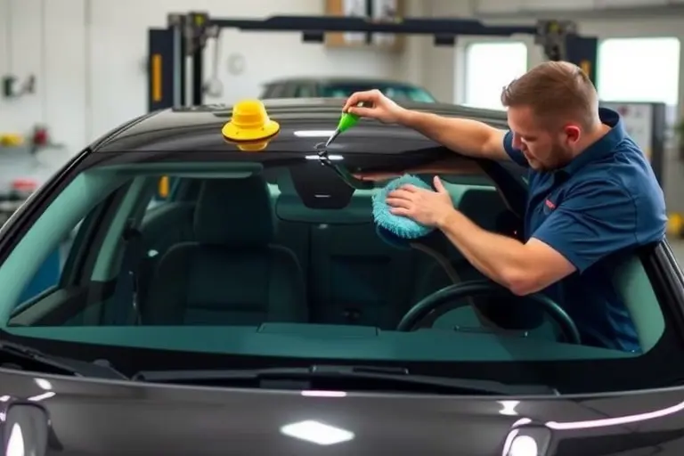 A mechanic in a garage replacing the windshield of a 2014-2020 Chevrolet Impala, showing the car's front side with the new windshield being installed, tools such as a suction cup and a cleaning brush, and a clear view of the car's interior and dashboard. The scene should focus on the car and the replacement process, with realistic lighting and a slightly blurred background to emphasize the task.