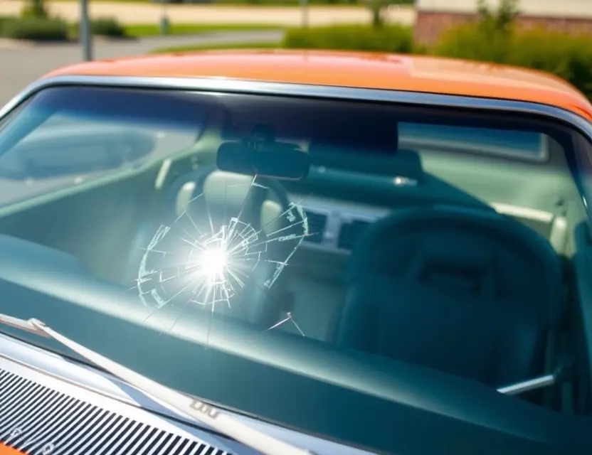 A close-up shot of a Plymouth Barracuda with a cracked windshield, showing the area where the windshield needs replacement. The car is parked outdoors on a sunny day. Focus on the damaged windshield and the surrounding car details.