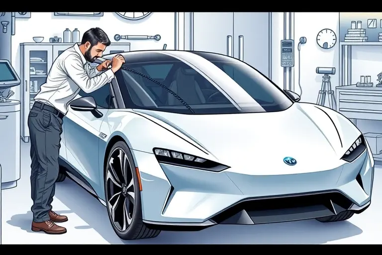 A detailed, realistic illustration of a mechanic replacing the windshield of an Ora Lightning Cat electric car, showcasing the car's sleek design and the replacement process, with a focus on the new glass panel and the tools used, set in a workshop environment.