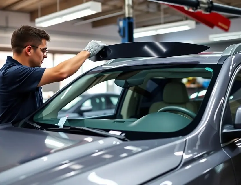 Замена лобового стекла GMC Acadia A professional auto repair scene showing the replacement of a windshield on a GMC Acadia. The image should depict a well-lit garage with a technician carefully removing the old windshield and preparing to install a new one. The GMC Acadia should be clearly visible, with the hood open and tools organized around the vehicle. The technician should be wearing appropriate safety gear, such as gloves and goggles.