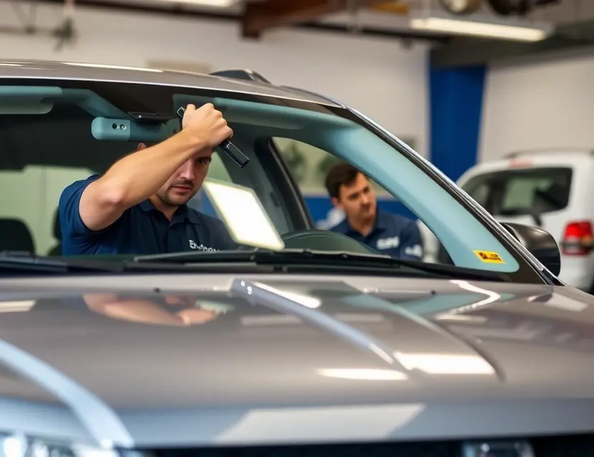 A car mechanic replacing the windshield of a Dodge vehicle, showing professional tools and careful handling, in a well-lit garage with no text or labels