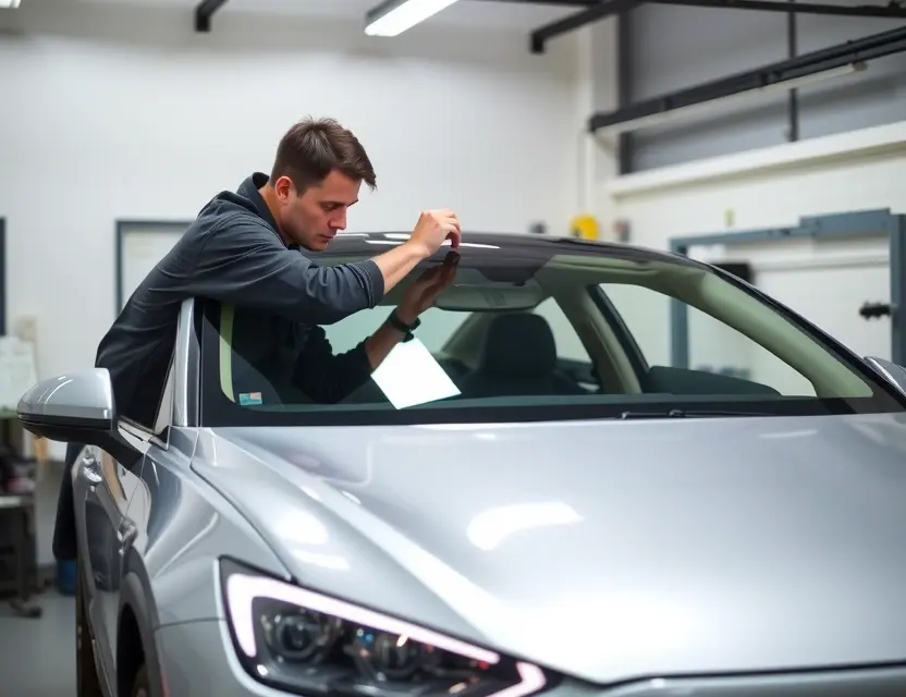 A modern electric car, Arcfox Alpha S, with a technician carefully replacing the front windshield using professional tools, in a clean automotive service center with soft lighting and no visible text or logos