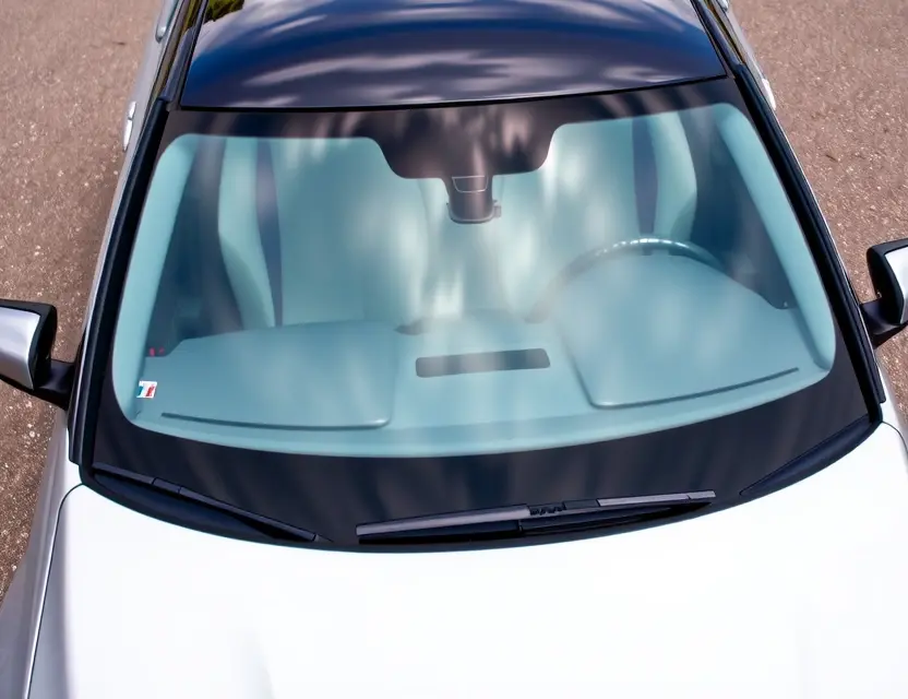 A high-quality image depicting a BMW M5 (F10) with a replaced windshield. The windshield is clear and new, seamlessly integrated with the existing frame. The car is parked outdoors on a clean asphalt surface. Focus on the detail of the windshield replacement and the overall condition of the car.