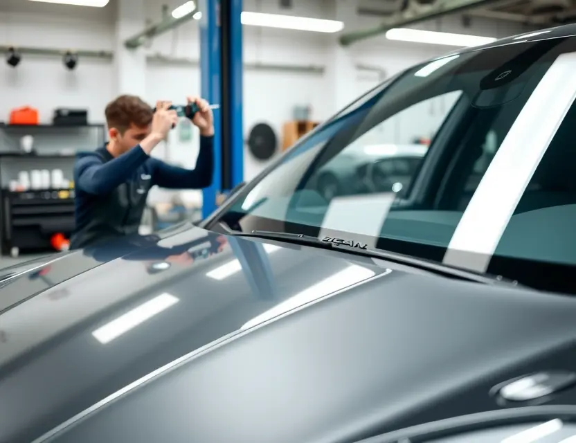 A close-up of a Porsche Macan's windshield being replaced in a professional auto glass repair shop, showing a technician carefully installing a new windshield with proper tools, the vehicle's front end visible, clean and modern workshop environment, natural lighting, focus on precision and craftsmanship