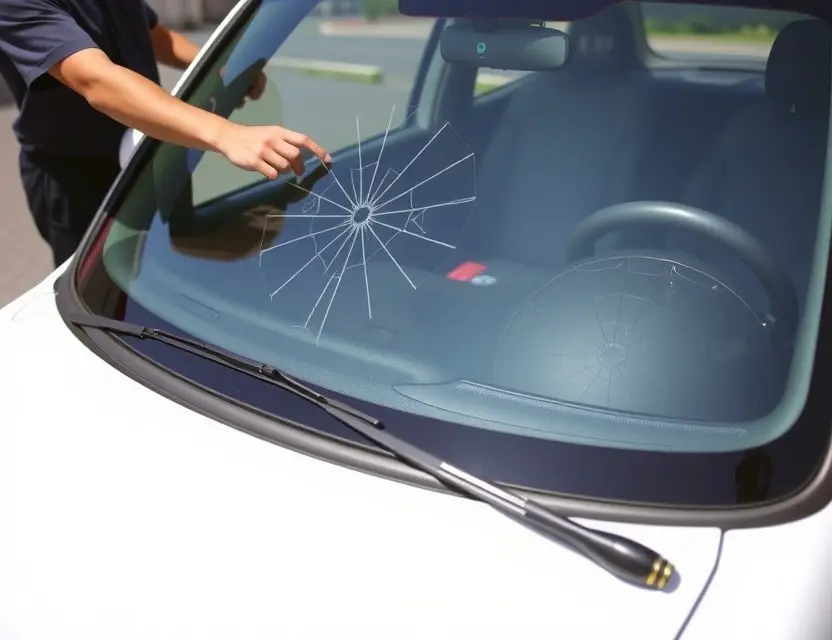 A Geely Monjaro with a cracked windshield being replaced by a technician. The car is parked outdoors on a paved surface. Focus on the replacement process, showing the technician working on the new windshield.