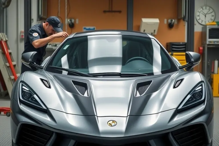 A detailed, realistic depiction of a mechanic replacing the windshield of a Topcar Inferno 4.0 V8 Twin Turbo 850 hp in a garage setting, focusing on the car's front, the new windshield, and the tools used, with a clear view of the car's sleek design and the replacement process.