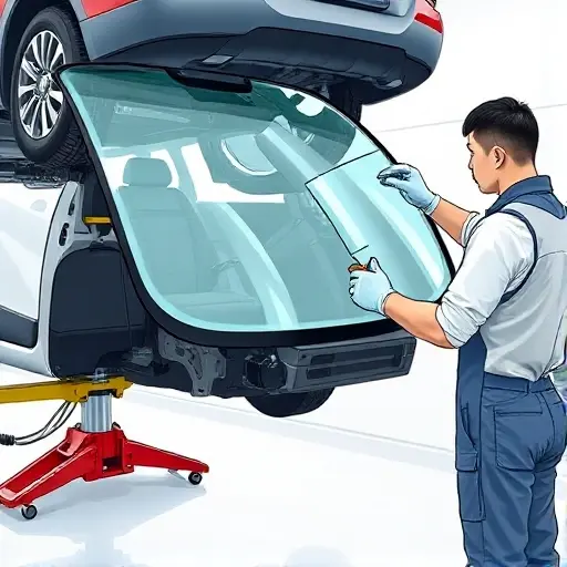 A close-up, high-quality illustration of a mechanic in a clean garage setting replacing the windshield on a Baojun 310 (2017–2020). The scene shows the car partially lifted on a hydraulic jack, the old windshield removed, and a new clear glass panel being fitted into the frame. The mechanic, wearing gloves and a protective apron, uses a specialized glass holder and a small brush to apply adhesive. The background is minimal, focusing on the vehicle and the replacement process, with subtle lighting that highlights the glass and metal surfaces.