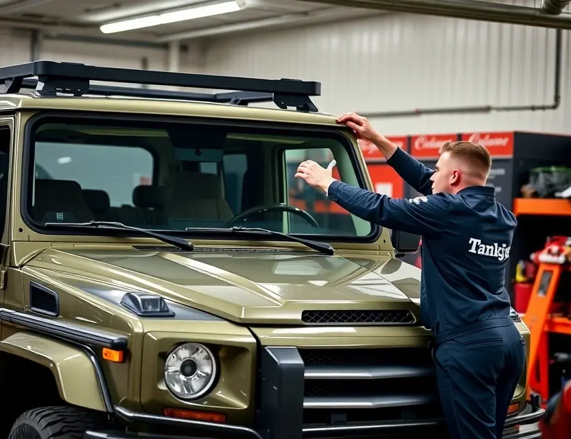 Замена лобового стекла Tank 300 A professional automotive technician replacing the windshield of a Tank 300 SUV, showing the vehicle in a well-lit garage with tools and safety equipment nearby, no people in the background, realistic lighting, high detail