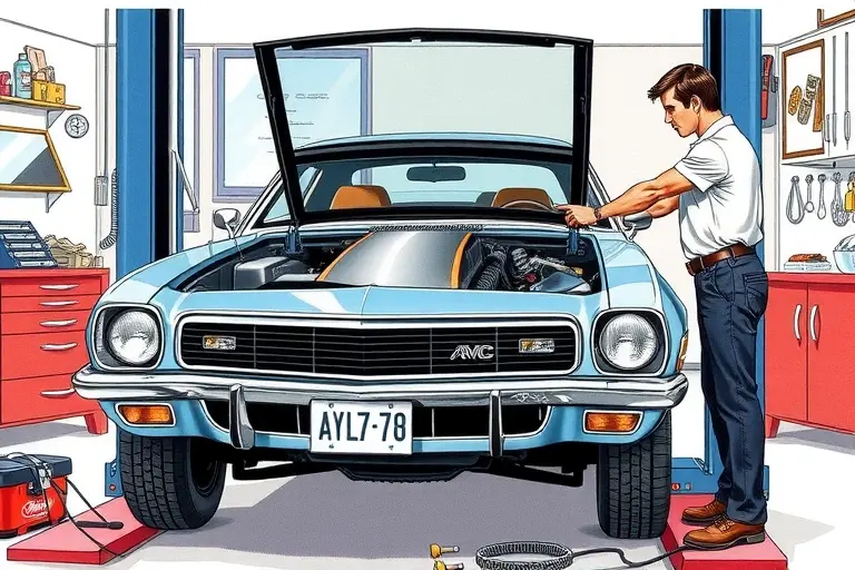 A detailed illustration of a 1971-1974 AMC Javelin with a 5.9 L V8 engine, shown on a service lift with its front windshield removed. A mechanic in vintage workwear is carefully positioning a new glass panel, surrounded by classic automotive tools and a clean garage setting. Emphasize the car’s distinctive angular lines, the open windshield frame, and the hands‑on repair process.