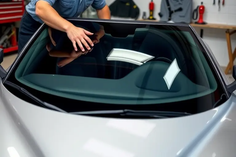 A detailed close-up of a mechanic replacing the windshield on a Chevrolet Corvette C8, showing the car's sleek body, the new glass panel, and tools in a garage setting.