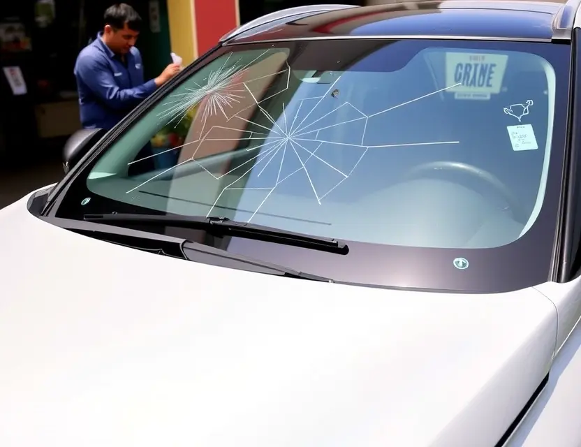 A Tata Nexon car with a cracked windshield undergoing a windshield replacement service. The scene should be outdoors, with a mechanic working on the car. Focus on the replacement process and the new windshield being installed.