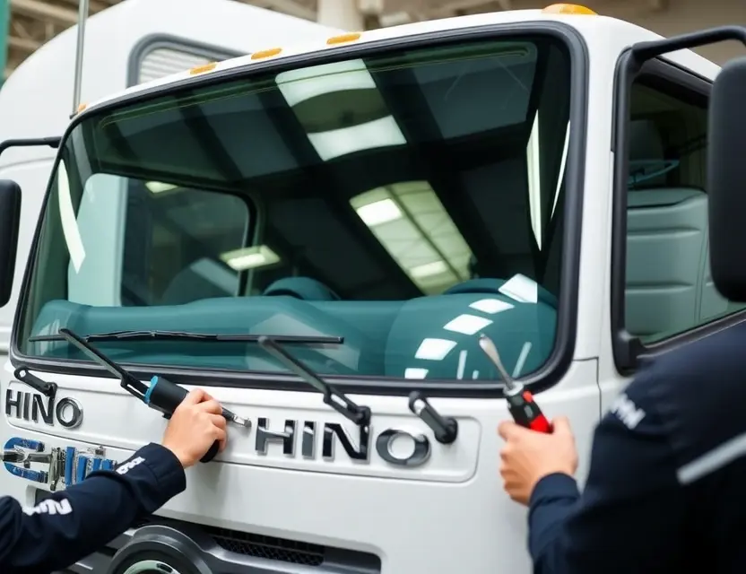 A close-up shot of a Hino truck windshield being replaced by a technician. The truck is parked on a service bay. Focus on the replacement process, showing tools and the new windshield.