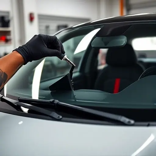 Close-up, realistic view of a mechanic carefully installing a brand-new windshield into a small, sporty Abarth 695 hatchback in a clean, modern auto-glass workshop. The car’s distinctive scorpion badge and compact proportions are clearly visible. Soft, even lighting highlights the glossy black windshield frame and the precision of the installation tool in the mechanic’s gloved hands.