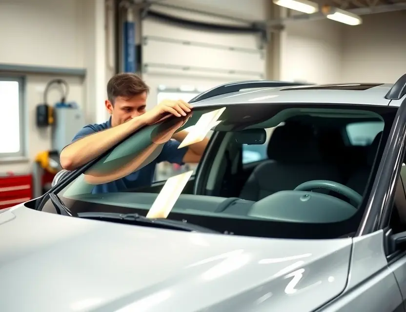 A high-quality image depicting the process of replacing a windshield on an Opel Grandland. The image should show a mechanic working on the windshield, with the old windshield being removed and the new one being installed. The car should be clearly visible, and the workshop environment should be clean and well-lit. Focus on the details of the windshield replacement process.