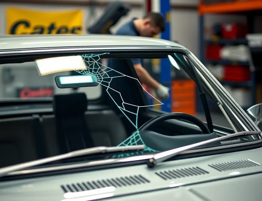 A Datsun car with a cracked windshield, with a mechanic in the background working on the windshield replacement. Focus on the car and the replacement process.