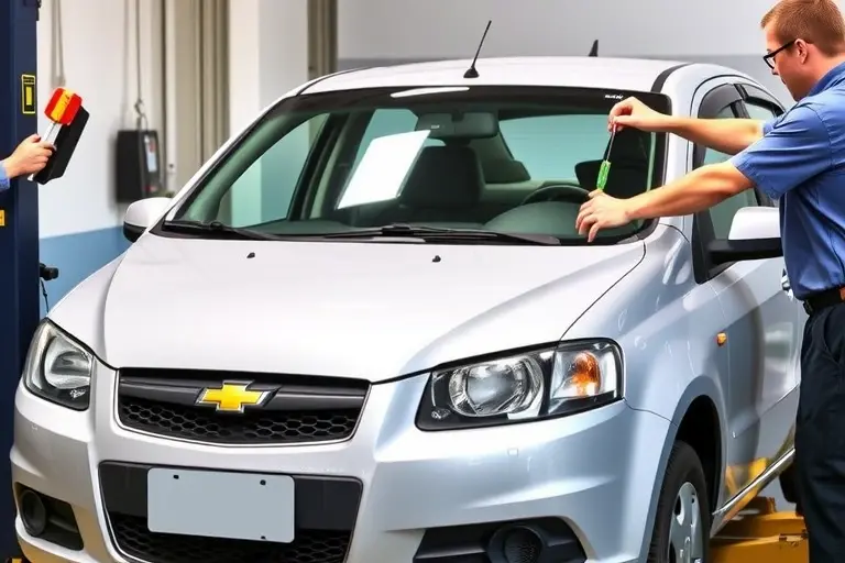 A realistic depiction of a mechanic replacing the windshield of a Chevrolet Aveo 1.4 L 103 hp (2011-2020). The car is on a lift, the old windshield is removed, and a new windshield is being installed. Tools such as a suction cup, adhesive, and a small brush are visible. The focus is on the windshield and the replacement process, with a clear view of the car's front and the mechanic's hands.