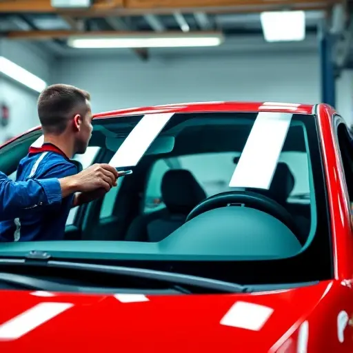 Замена лобового стекла Abarth Pulse Close-up, realistic view of a professional technician in blue work overalls carefully installing a new windshield onto a red Abarth Pulse hatchback inside a clean, well-lit auto-glass workshop; the car’s hood and dashboard are visible through the freshly fitted glass, tools and suction cups in the technician’s hands, bright overhead LED lighting reflecting on the glossy windshield surface, crisp details, high resolution, smallHQ style