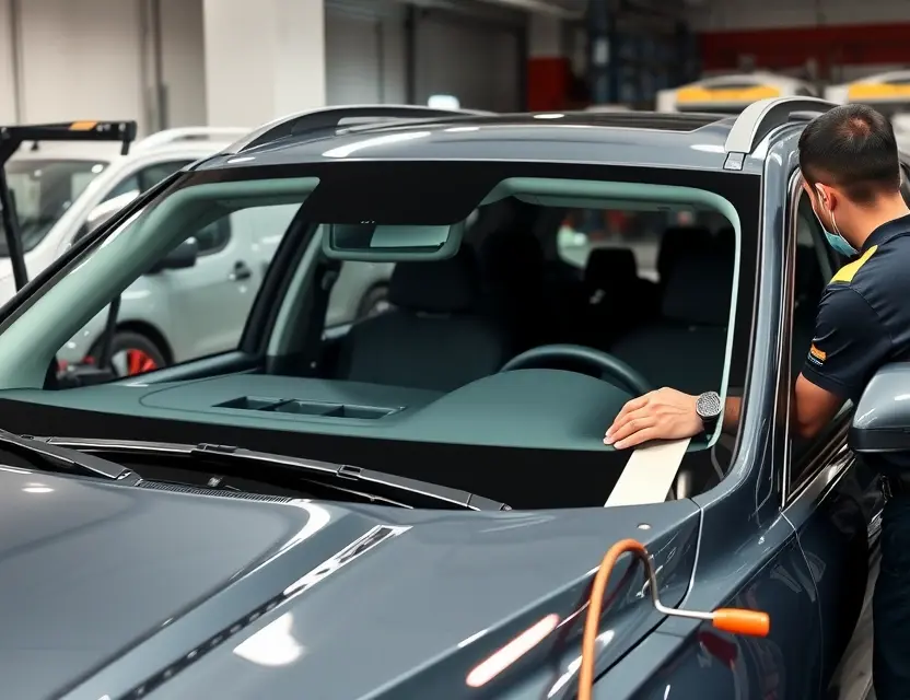 A high-quality image depicting the replacement of a windshield on a Beijing X7 SUV. The scene should show a mechanic working on the windshield, with tools and parts visible. The SUV should be clearly identifiable as a Beijing X7. Focus on the replacement process, highlighting the new windshield being installed.