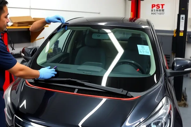 A mechanic in a clean garage, wearing gloves, is in the process of replacing the windshield on a Changan CS75 Plus 1.5 Turbo. The car's front is partially opened, the old windshield is removed and a new one is being fitted. Tools such as a suction cup, adhesive dispenser, and cleaning brush are visible. The background shows a workbench, a car lift, and minimal clutter, with no text or logos.