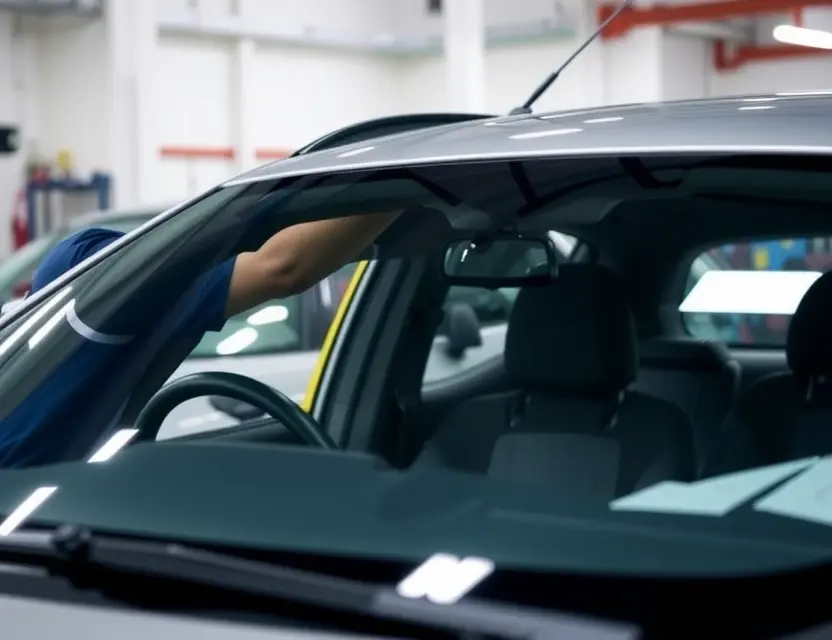 A close-up shot of a BAW Zhanqi windshield replacement service. Focus on a technician working on a car windshield, tools visible, and a clean, professional workshop environment. The car should be a BAW Zhanqi model.