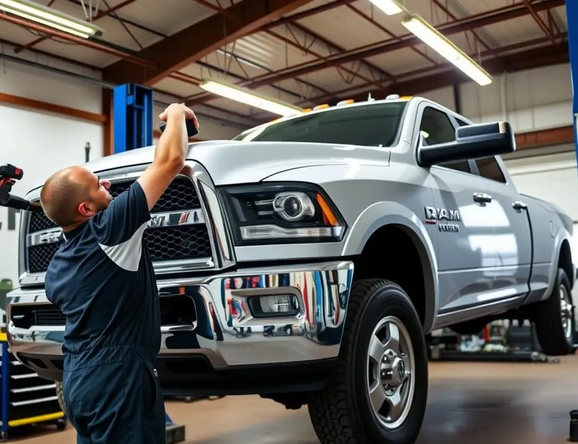 A mechanic is replacing the windshield of a RAM truck in a garage. The truck is raised on a lift, and the mechanic is using tools to remove the old windshield and install a new one. Focus on the process of windshield replacement.