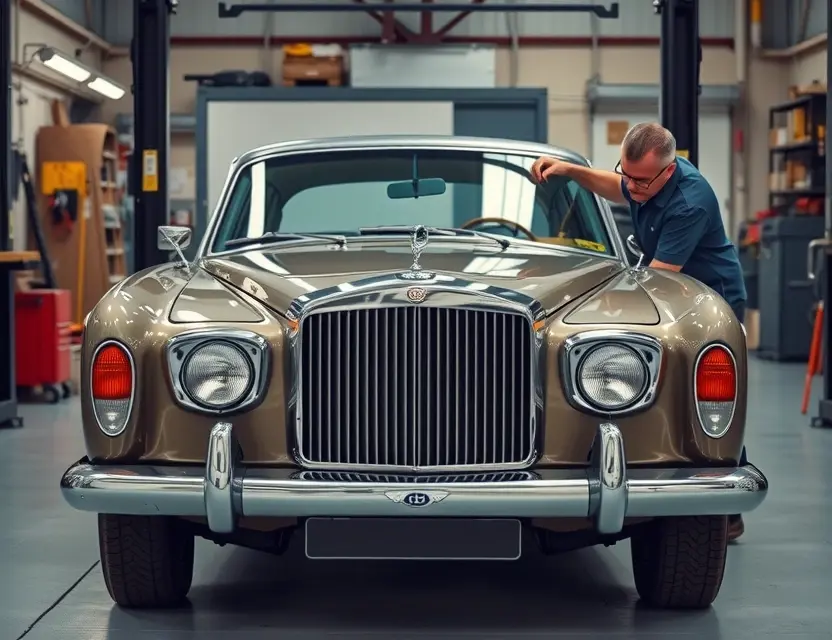 Замена лобового стекла Bentley T1 A classic Bentley T1 luxury car parked in a professional auto repair workshop, focusing on the front windshield area where a technician is carefully installing a new glass panel. The scene shows high-quality tools, a clean environment, and the elegant chrome details of the vintage vehicle, with soft studio lighting highlighting the car's curves and the precision of the work.