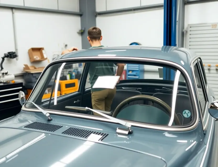 A Tatra 613 car with a new windshield being installed by a mechanic in a garage, showing the precise replacement process, professional tools, and clean workspace, no text or labels