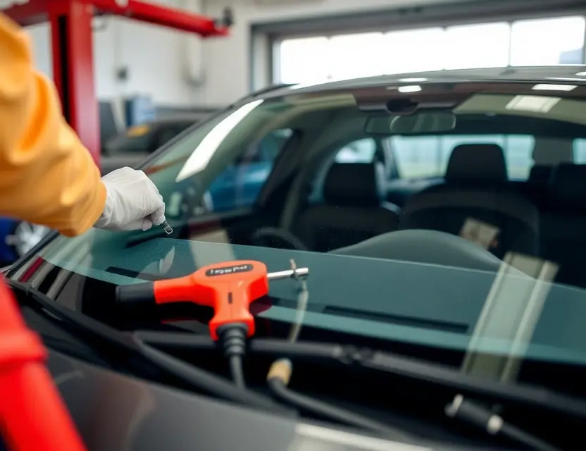 A close-up shot of a Jaecoo J7 car windshield being replaced by a mechanic. The focus is on the replacement process, showing tools and the new windshield. The car is parked in a garage.