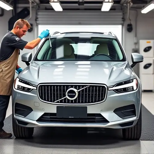 A Volvo XC60 T8 Recharge PHEV 2.0 parked in a modern auto service bay, with the front windshield being removed and a new glass positioned. A technician wearing safety gloves and a protective apron is handling the glass, with visible electric connectors and subtle battery symbols indicating the hybrid system. The scene is brightly lit, clean, and detailed, focusing on the car and the windshield replacement process.
