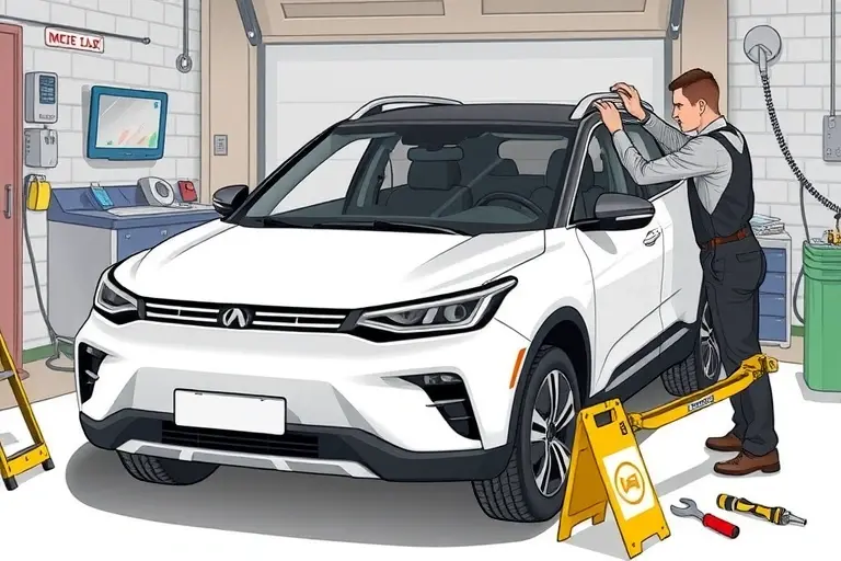 A detailed illustration of a mechanic replacing the windshield of a SsangYong Torres EVX electric car, showing the car's front, the old windshield removed, the new windshield installed, with tools and safety equipment, in a workshop setting.