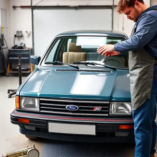 A mechanic in a workshop, wearing a protective apron, is replacing the windshield of an Austin Maestro 2.0 L R4 115 hp car from the 1980s. The scene shows the car's front side with the old windshield removed and a new one being fitted. Tools such as a suction cup, a sealant gun, and a windshield adhesive are visible. The background is a clean garage with a workbench and a car jack. The focus is on the car's front and the mechanic's hands.