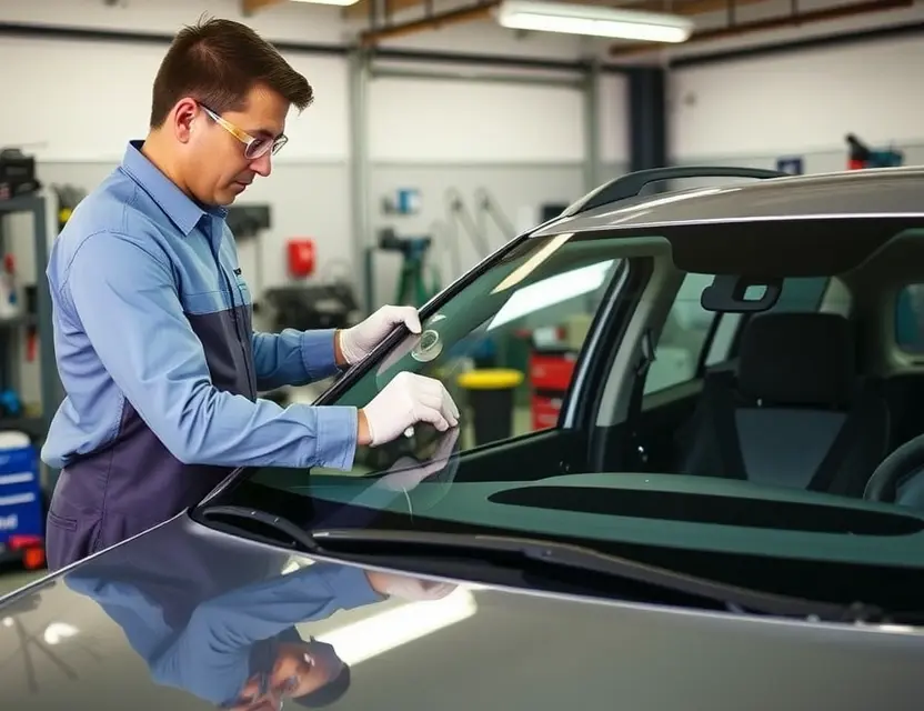 A professional auto repair shop scene where a skilled technician is replacing the windshield of a Haval Dargo. The car should be positioned in a well-lit garage with various automotive tools and equipment in the background. The technician should be wearing safety gear, including gloves and goggles, and carefully handling the new windshield glass. The old windshield should be removed, and the new one should be in the process of being installed with precision.