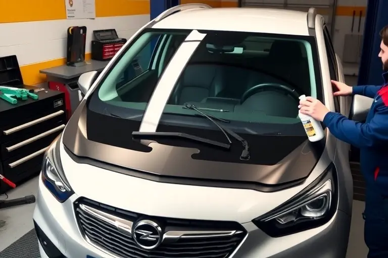 A realistic, high-quality image of a mechanic in a garage replacing the windshield of an Opel Mokka 1.2 Turbo 130 hp (2020–present). The scene shows the car on a lift, the old windshield removed, and the new windshield being installed. The mechanic’s hands are visible, using a suction cup and cleaning solution, with a protective film being applied. The background includes a workbench, a toolbox, and a car jack. Focus on the car’s front, the windshield area, and the replacement process, with no text, letters, or digits in the image.