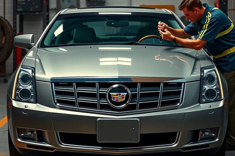 A detailed scene of a Cadillac DeVille with a 4.6 L V8 Northstar engine, showing the front of the car with the windshield removed and a new windshield being installed by a professional mechanic using tools, focusing on the car body and glass replacement process, realistic lighting and high detail