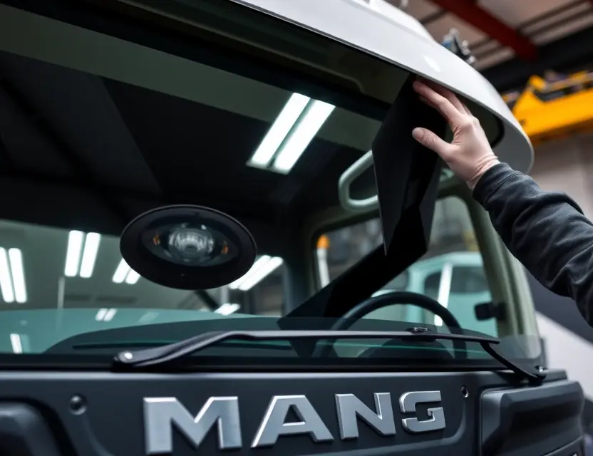 A close-up shot of a MAN truck windshield being replaced by a technician. The technician is wearing safety glasses and gloves, and the windshield is being held in place with suction cups. The background is a workshop with tools and equipment.