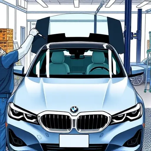 A realistic illustration of a mechanic replacing the front windshield of a BMW 3 Series G20 2.0 L 258 hp (2019–present) in a workshop. The scene shows the old windshield removed, the new one being fitted, with tools and a protective film. The background is a clean garage with a workbench, a car lift, and a BMW 3 Series G20 visible. The focus is on the windshield replacement process, showing precise alignment and sealing.