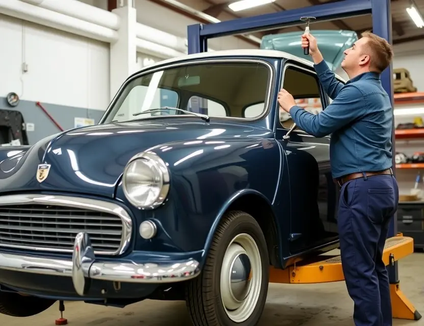 A mechanic is replacing the windshield of a classic Austin A50 car in a garage. The car is raised on a lift, and the mechanic is using tools to remove the old windshield and install a new one. Focus on the car and the repair process.