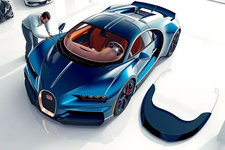 A high-detail illustration of a Bugatti Mistral sports car with its front windshield being professionally replaced. The sleek car is positioned on a clean garage floor, a technician in a neutral uniform uses specialized glass-replacement tools, the partially removed windshield lies beside the car, and a pristine new windshield is ready to be installed. Emphasize the luxurious curves, glossy finish, and precise repair process with realistic lighting and reflections.