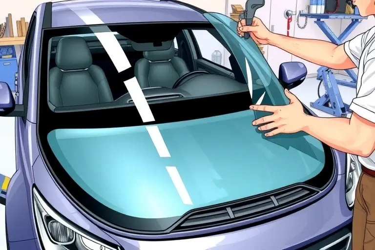 A detailed, realistic illustration of a mechanic replacing the windshield on a 2023 Omoda S5 1.5 Turbo 147 hp. The scene shows the front of the car with the old glass removed, a new clear glass panel being fitted, tools such as a suction cup, a glass cutter, and a sealant dispenser. The background is a clean workshop setting with a workbench and a car jack. The focus is on the precision of the replacement, with the new glass reflecting light and the mechanic's hands in motion.