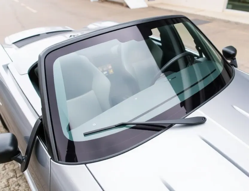 A Ginetta sports car with a replaced windshield, showcasing the new glass. The car is parked on a clean, paved surface, with a slightly blurred background suggesting a dealership or service center. Focus on the clarity and quality of the replacement windshield.