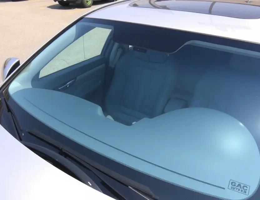 A GAC Trumpchi Empow with a replaced windshield, showcasing the new glass. The car is parked outdoors on a sunny day. Focus on the clarity and quality of the replacement windshield.