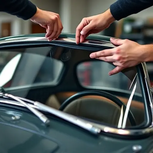 A close-up view of a car windshield being replaced on an AC Brooklands Ace, showing hands installing a new windshield with precision tools, the classic British sports car's curved glass and chrome trim visible, garage setting with soft lighting, focus on the windshield installation process