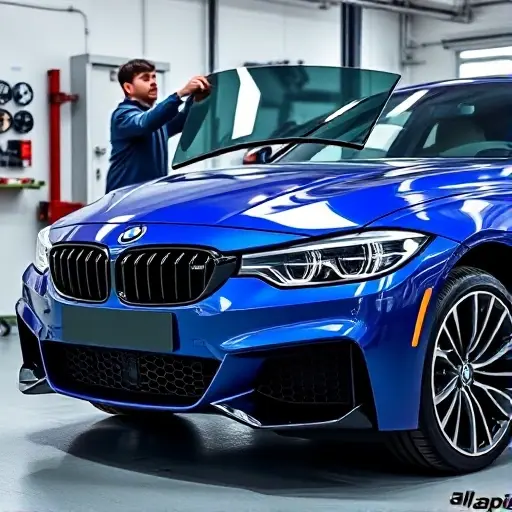 Замена лобового стекла Alpina B4 Gran Coupe A high-quality close-up shot of a blue Alpina B4 Gran Coupe parked in a professional auto repair shop, focusing on the front windshield area where a technician is carefully installing a new glass panel. The car's distinctive Alpina grille and wheels are visible. The scene is well-lit with clean, modern workshop lighting, emphasizing the sleek lines of the vehicle and the precision of the installation process. No text, logos, or watermarks should be present.