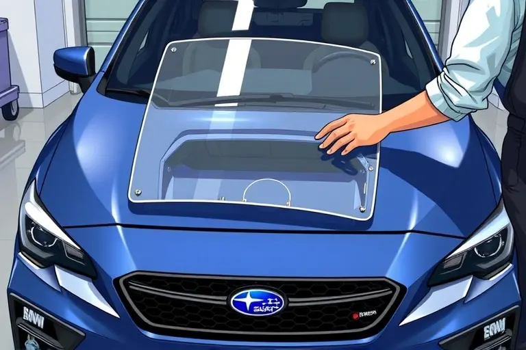 A detailed, realistic illustration of a mechanic replacing the windshield on a 2021 Subaru WRX 2.4 Turbo. The scene shows the car's front side, the old windshield partially removed, the mechanic holding a new clear glass panel, tools like a suction cup and a glass cutter visible. The focus is on the precise alignment of the new glass, the car's hood and front bumper, and the mechanic's hands. The background is a clean garage setting with subtle lighting, no text or signage.