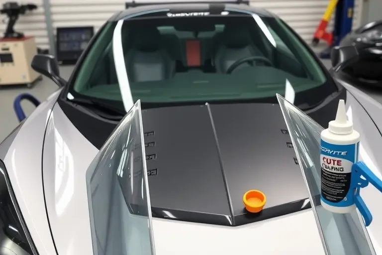 A detailed close-up of a mechanic in a garage replacing the windshield of a Chevrolet Corvette C7. The scene shows the car's front end with the old cracked windshield removed, a new clear windshield being fitted, and automotive tools such as a suction cup, a glass cutter, and a sealant gun. The background is a clean, well-lit workshop with a workbench and a car jack. The focus is on the precision of the replacement process, highlighting the Corvette's sleek front fascia and the clear glass.