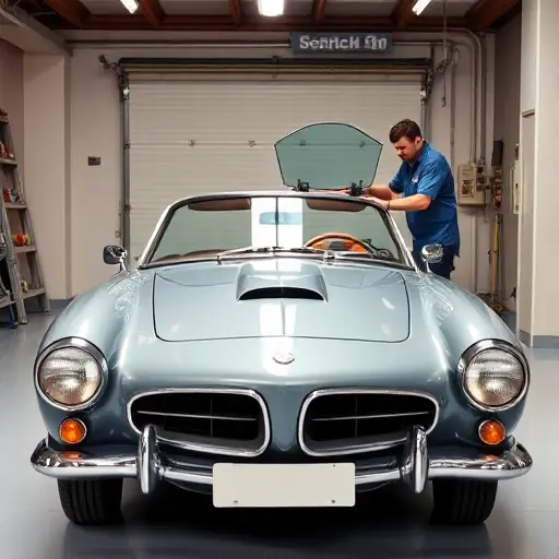A vintage Alvis Firebird car parked in a clean, well-lit garage with a professional mechanic removing the old windshield and preparing to install a new one. The scene focuses on the front of the car, showing the windshield frame and tools, with a neutral background and no text or logos.