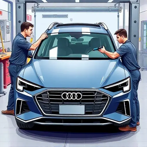 A detailed, realistic illustration of a mechanic replacing the windshield of an Audi e-tron SUV (model years 2019-2023). The scene shows the car in a service bay, the old windshield removed, a new clear glass panel being fitted, with tools such as a suction cup, a glass cutter, and a sealant gun visible. The background includes a workbench, a car lift, and safety equipment. The focus is on the car and the replacement process, with clear lighting and accurate proportions.