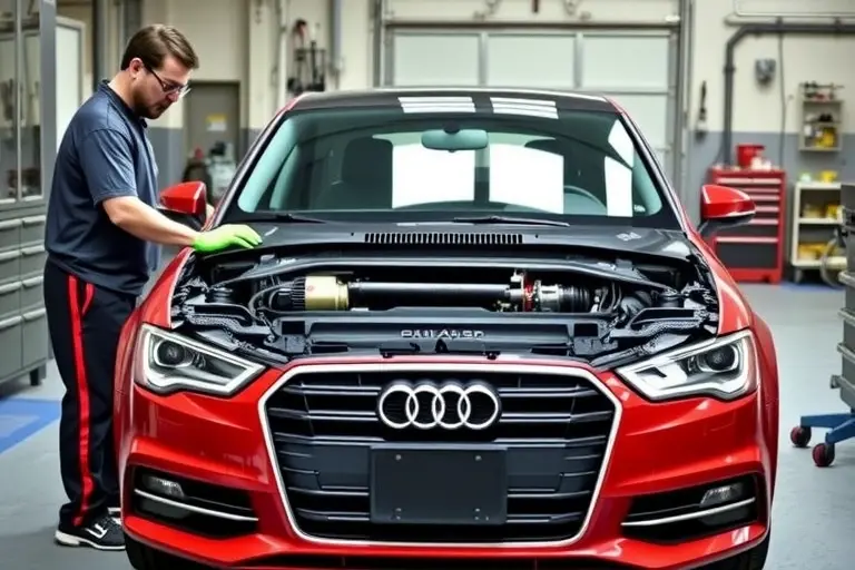 A realistic workshop scene featuring an Audi A3 (model years 2012-2016) with its front windshield removed and a new windshield being installed by a mechanic wearing safety gloves and goggles, surrounded by automotive tools and a clean garage environment. The focus is on the car and the replacement process, without any text or logos.