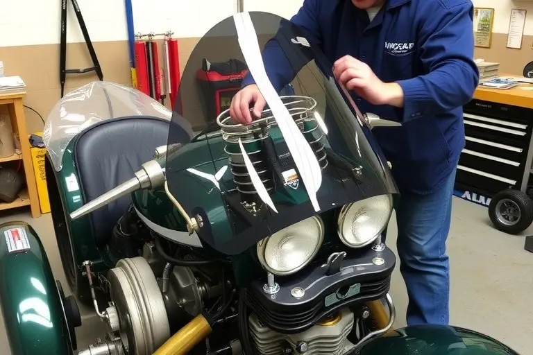 A Morgan 3 Wheeler motorcycle with a new windshield being installed by a mechanic, showing the detailed V‑twin engine and the replacement process in a workshop setting, with tools and a partially removed old windshield.